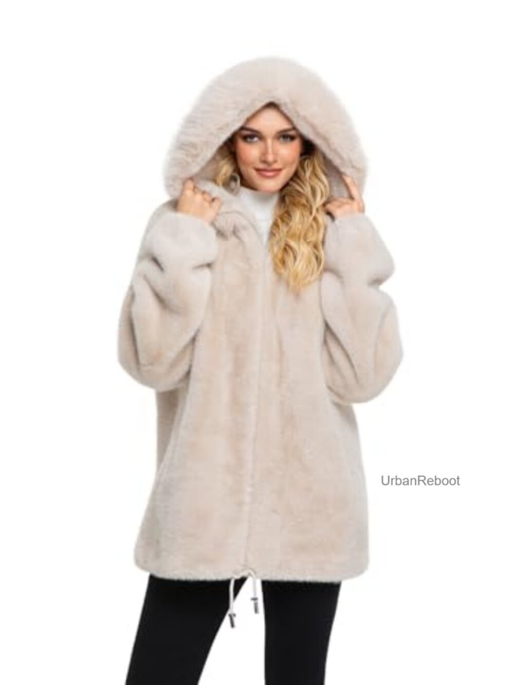 Faux Fur Fleece Hooded Winter Coat Zip Up Loose Fit Women